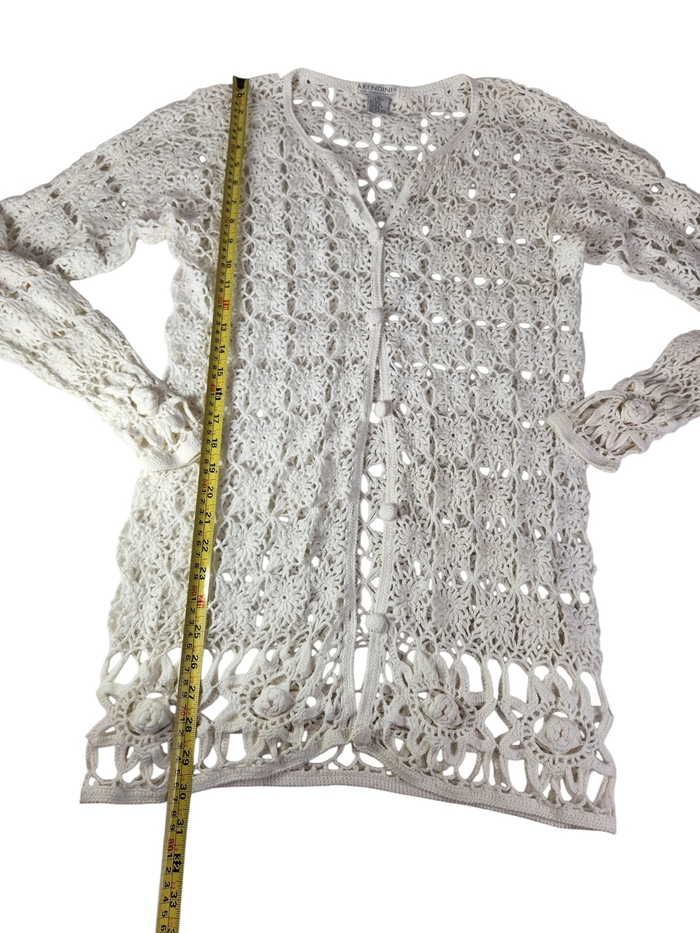 Crochet Cardigan White Sweater Med Boho Open Knit Button Front Cover Up Festival - Picture 14 of 15